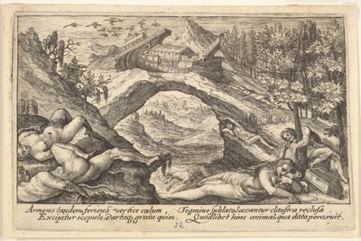 Nachwirkungen der Flut: menschliche Körper auf trockenem Land im Vordergrund, Noahs Arche, 1612 von Crispijn de Passe I