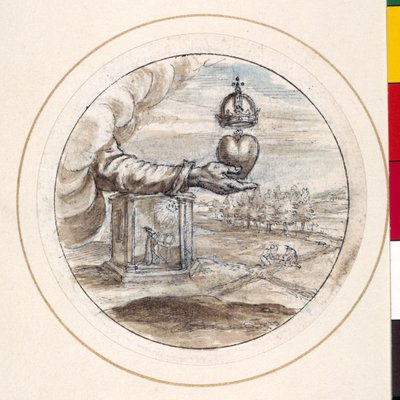 Eine Hand, die ein Herz mit einer Kaiserkrone stützt (Feder & braune Tinte mit brauner & grauer Lavierung auf Papier) von Crispin I de Passe