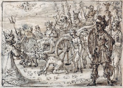 Triumphaler Einzug des indischen Bacchus in Theben (Feder & braune Tinte mit brauner Lavierung auf Papier) von Crispin I de Passe