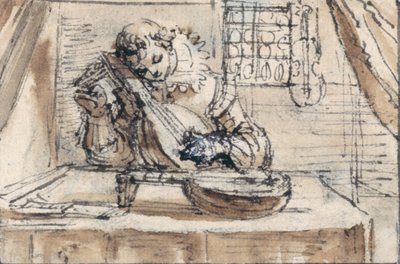 Jugendlicher, der sein Instrument stimmt von Crispin I de Passe