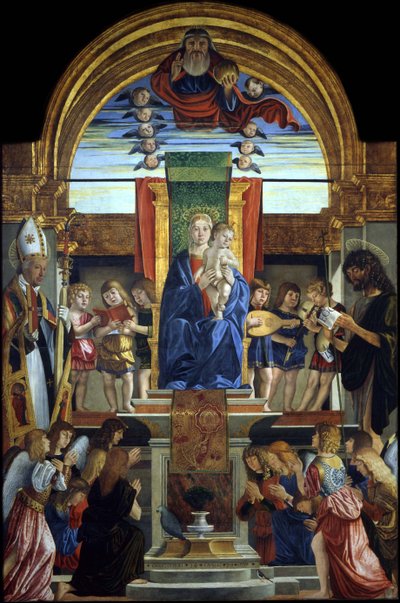 Die Jungfrau und das Kind auf dem Thron mit Gott dem Vater und den Heiligen Hilarius und Johannes dem Täufer, 1499 von Cristoforo Caselli