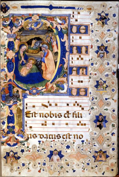Chor des 15. Jahrhunderts mit einer miniaturisierten „P“-Initiale, die die Geburt Christi darstellt, von Cristoforo Cortese. Frühes 15. Jahrhundert von Cristoforo Cortese