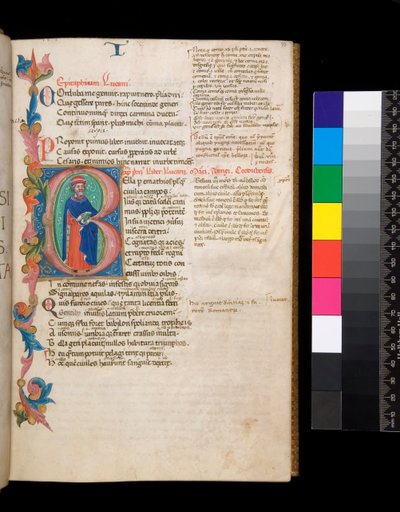 Ms 325. Lucan, Bellum Civile und andere Werke, f.10r. Illuminierte Initiale [B], bewohnt von einem ganzfigurigen Autorenporträt, das sich in eine teilweise Laubumrandung erstreckt, ca. 1400-10 (Pergament) von Cristoforo Cortese
