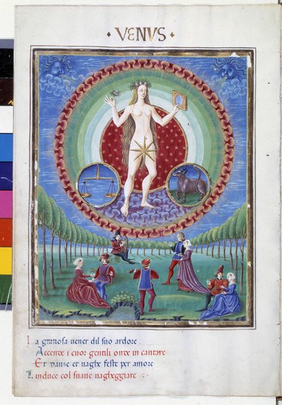 Komödie mit den Tierkreiszeichen Waage und Stier. Unten, die galanten Szenen. Miniatur von Cristoforo de Predis (ca. 1440-ca. 1486) - in 