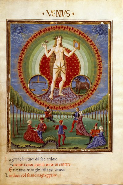Komödie mit den Tierkreiszeichen Waage und Stier. Die galanten Szenen (Miniatur, ca. 1470) von Cristoforo De Predis