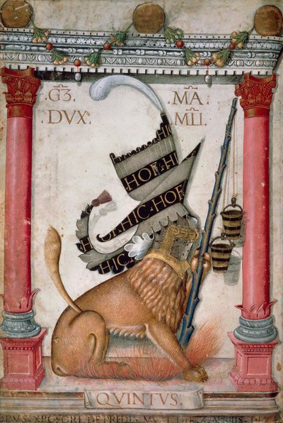Heraldisches Symbol, das ein Wappen mit einem Löwen, Funken und Eimern von Galeazzo Maria Sforza darstellt, Illuminierte Seite von Cristoforo de Predis aus dem Neuen Testament Codex, varia 124, Italien 1475 von Cristoforo De Predis