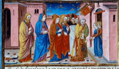 Illumination, die Maria zeigt, wie sie von den Jungfrauen des Tempels empfangen wird, im Codex De Predis (ca. 15v) von Cristoforo De Predis