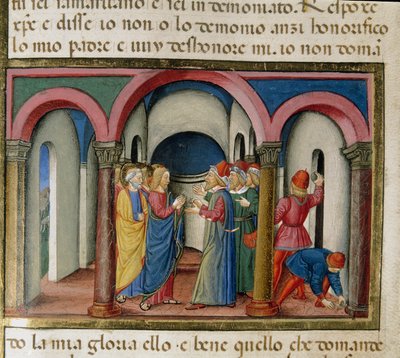 Jesus wurde in der Nähe des Tempels von Salomo von Juden unterbrochen, die ihn baten, seine Identität zu beweisen Miniatur von Cristoforo De Predis (1440-1486) nach der Geschichte des Neuen Testaments von Cristoforo De Predis