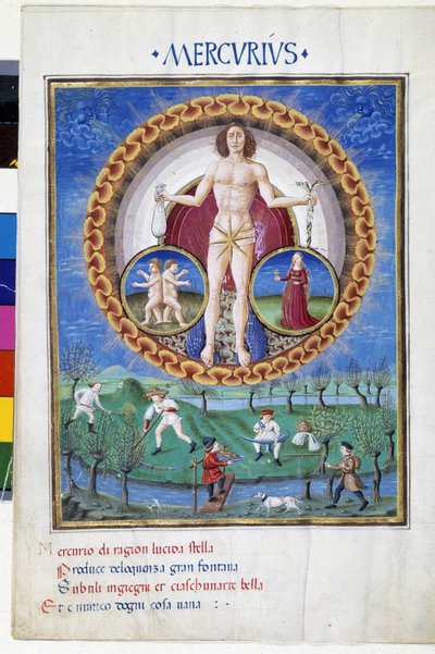 Merkur mit den Tierkreiszeichen Jungfrau und Zwillinge. Unten, Bauern bei der Feldarbeit. Miniatur von Cristoforo de Predis (ca. 1440-ca. 1486) - in „De Sphaera“ d