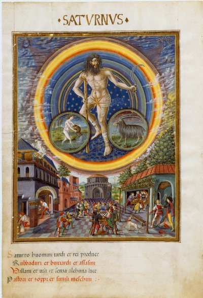 Saturn mit den Tierkreiszeichen Wassermann und Steinbock. Die Spielszenen und ihr Einfluss auf die Menschen. (Miniatur, ca. 1470) von Cristoforo De Predis