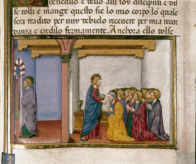 Jesus gibt dem Apostel Brot, Symbol seines Körpers, während Judas hinausgeht. Miniatur von Cristoforo De Predis (1440-1486) nach der Geschichte des Neuen Testaments von Cristoforo De Predis