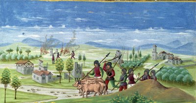 Plünderung während des Krieges. Detail von „Einfluss der Sonne“: Der Krieg. Miniatur von Cristoforo de Predis (ca. 1440-ca. 1486) - in „De Sphaera“ d
