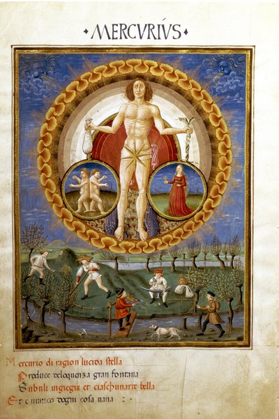 Merkur mit den Tierkreiszeichen Jungfrau und Zwillinge. Bauern bei der Feldarbeit (Miniatur, ca. 1470) von Cristoforo De Predis