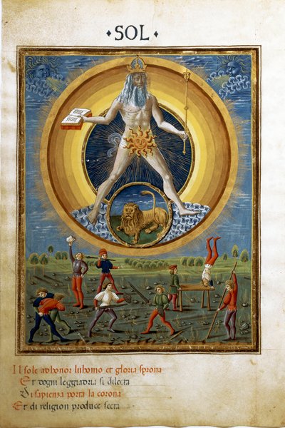Sonne mit dem Tierkreiszeichen des Löwen. Szenen von körperlichen Übungen der Männer. (Miniatur, ca. 1470) von Cristoforo De Predis