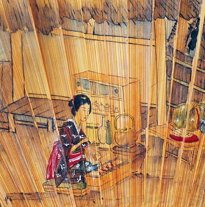 Doppelseitiger Fächer mit lackierten Holzstäben und Schutz, der die Teezubereitung darstellt von Culture Edo