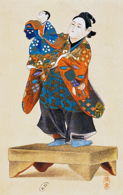 Puppenspieler mit Puppe, Puppentheater, Ukiyo-e Kunstdruck, Reproduktion aus Holzschnitt, japanische Zivilisation, Edo-Periode von Culture Edo