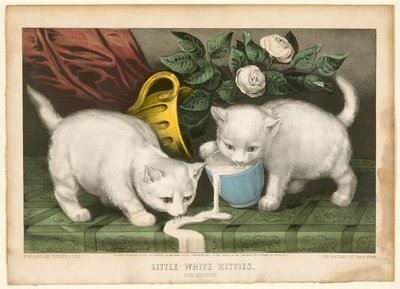 Kleine weiße Kätzchen beim Unfug von Currier and Ives