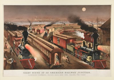 Nachtszene an einem amerikanischen Eisenbahnknotenpunkt von Currier and Ives