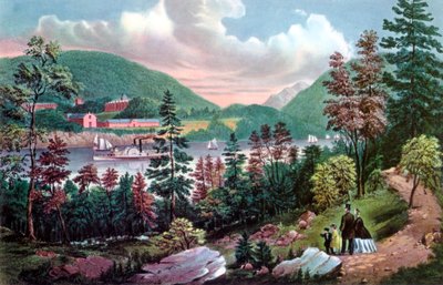West Point, US-Militärakademie, von der gegenüberliegenden Uferseite, 1862 von Currier and Ives