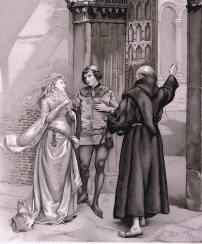 Eintritt Pater Laurence und Romeo, Illustration aus Romeo und Julia von Curtazzo Curtazzo