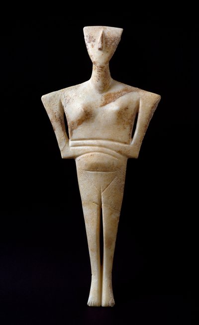 Kunst der Kykladen: weibliche Figur. Marmoridol von Syros. 3000 v. Chr. Kykladische Zivilisation (-3200 bis -2000) Athen, Nationales Archäologisches Museum von Cycladic