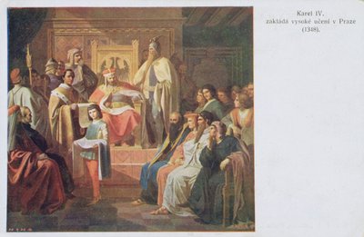 Gründung der Deutschen Universität in Prag durch Karl IV. im Jahr 1348, frühe zwanzigste Jahrhundert Postkarte von Czech School