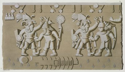 Basrelief antiker aztekischer Krieger, aus dem Stein von Tizoc, der einen Herrscher zeigt, der seine Gefangenen am Kopf hält von D.K. Bonatti