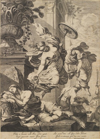 Allegorie mit Fortuna und einem schlafenden Künstler in antikem Kostüm von Dancker Danckerts