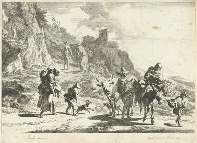 Frau auf beladenem Esel, Mann mit Kuh und andere Reisende in Berglandschaft von Dancker Danckerts