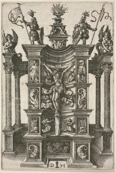 Der gekreuzigte Christus in einer dekorierten Nische von Daniel Hopfer