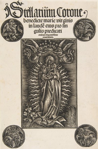 Jungfrau auf einer Mondsichel, Titelseite aus Pelbartus de Temesvar: Stellarium corone Schr. 2869, 1502 von Daniel Hopfer.