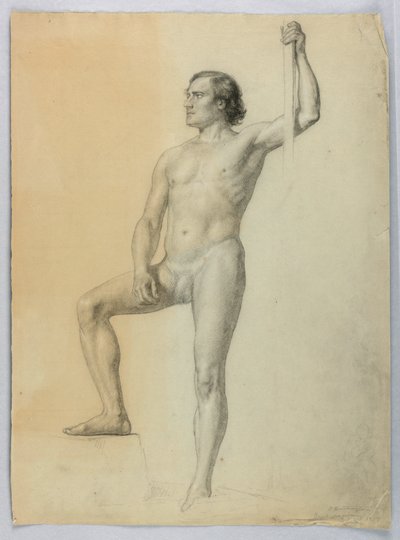 Zeichnung, Männlicher Akt mit einem Fuß auf einer Stufe, 1858 von Daniel Huntington