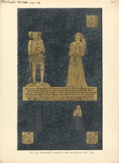 Messingplatte für Gregory Lovell und seine Frau Anne, Tochter von David Bellingham, Harlington Church von Daniel Lysons