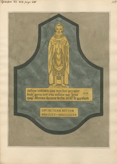 Messingplatte für Thomas Symons aus der Kirche von Greenford von Daniel Lysons