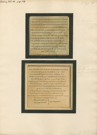 Denkmal für John Bowman und Edward Vaughen aus der Kirche von Ealing von Daniel Lysons