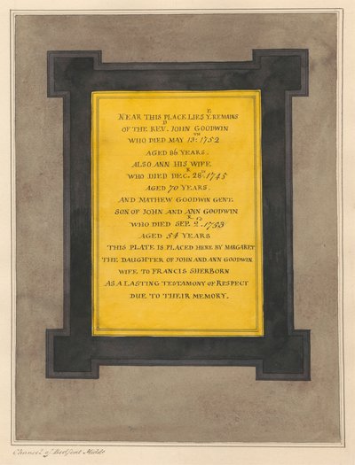 Gedenkstätte für John und Ann Goodwin und ihren Sohn Mathew aus der Kirche von Bedfont von Daniel Lysons