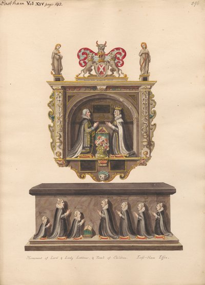 Denkmal für Lord und Lady Latimer und Grab der Kinder Ralph, Katherin, Ralph, Dorothye, Jane, Margaret und Anne aus der East Ham Kirche von Daniel Lysons