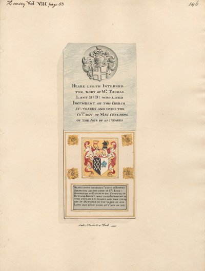 Denkmal für Thomas Lant und Robert Harington aus der Kirche von Hornsey von Daniel Lysons