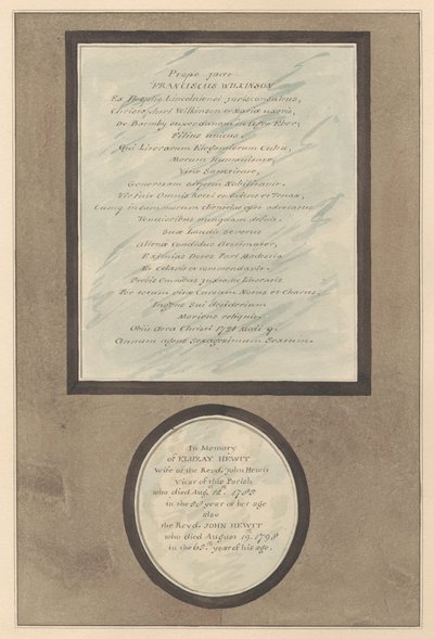 Gedenkstätten für Francis Wilkson und John und Eluzay Hewitt aus der Kirche von Feltham von Daniel Lysons