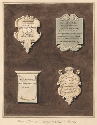 Gedenkstätten für Mrs. Mary Staunton, John Silvester, Mrs. Frances Whiterly und Mrs. Rebecca Lone aus der Kirche von Bedfont von Daniel Lysons