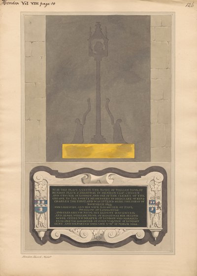 Überreste der Messingplatte und Denkmal für William Nicol und Ann seine Frau und Elizabeth seine Tochter und William seinen Sohn aus der Kirche von Hendon von Daniel Lysons