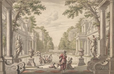 Ansicht eines Palastgartens mit einem zentralen Teich, umgeben von klassischer Architektur..., ca. 1700-1720 von Daniel Marot
