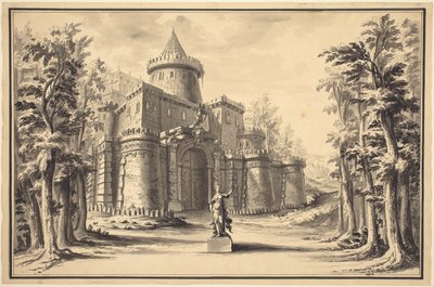 Bühnenbild mit Statue und Palast von Daniel Marot the Younger