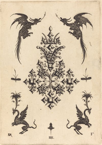 Brosche mit Tischsteinen, geflügelten Drachen oben und Greifen unten von Daniel Mignot