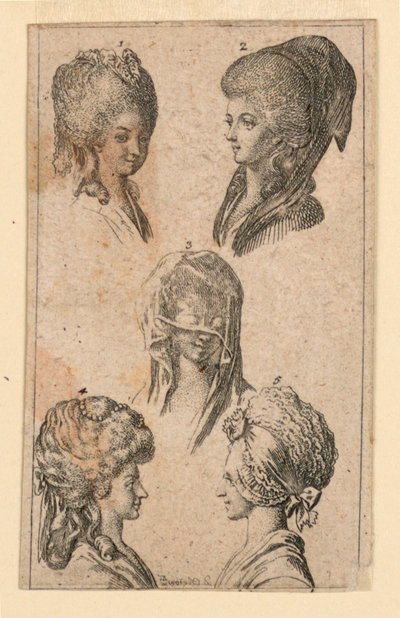 Fünf Kopfbedeckungen, wie sie von Berliner Frauen getragen werden, Illustration für "Königl: Grosbrit [anische] Genealogischer Kalender auf das 1782 Jahr Lauenberg bey J.G. Berenberg" von Daniel Nikolaus Chodowiecki