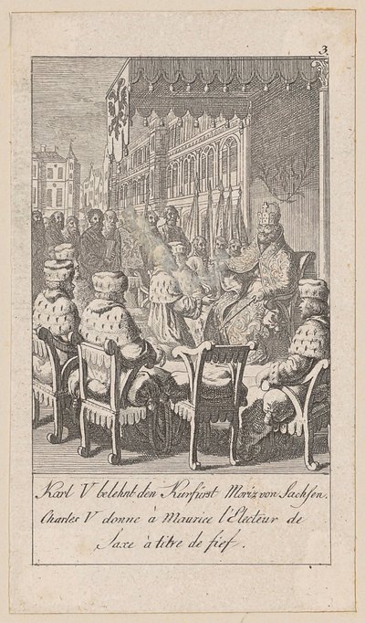 Karl V belehnt den Kurfürsten Moritz von Sachsen, Blatt 3 der Folge „Ältere, mittlere und neuere Geschichte“ von Daniel Nikolaus Chodowiecki