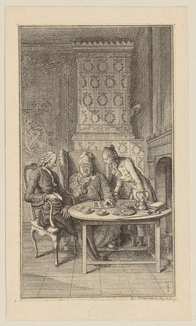 Sebaldus, der alte und junge Säugling am Tisch mit einem Lotterieschein von Daniel Nikolaus Chodowiecki