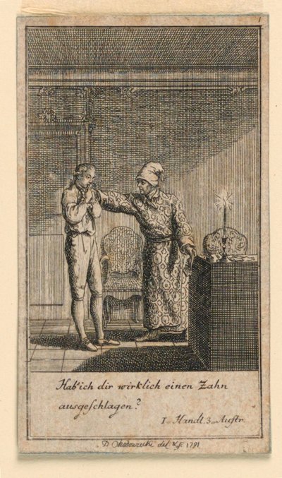 Die Ohrfeige, Illustration des Stücks "Nicht mehr als sechs Schüsseln" von Friedrich Wilhelm Grossmann in "Königl: Grosbrit [anische] Genealogischer Kalender auf das 1782 Jahr Lauenberg bei J.G. Berenberg" von Daniel Nikolaus Chodowiecki