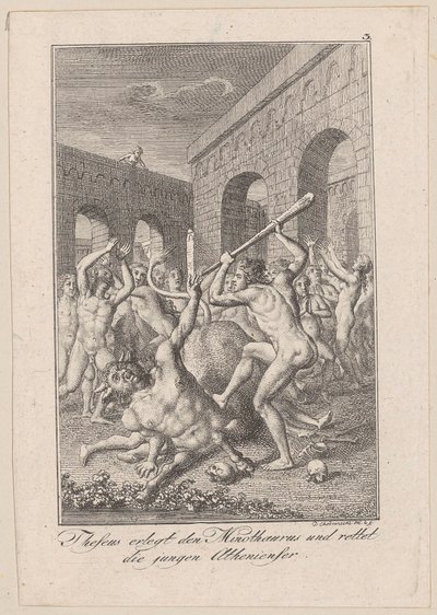 Theseus erlegt den Minotaurus und rettet die jungen Athener, Blatt 3 zu Beckers „Theseus“ von Daniel Nikolaus Chodowiecki