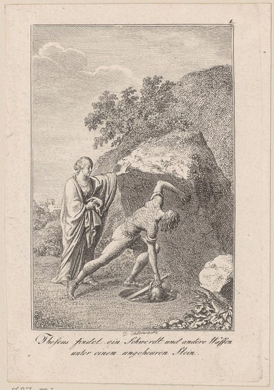 Theseus findet ein Schwert und andere Waffen unter einem Stein, Blatt 1 zu Beckers "Theseus" von Daniel Nikolaus Chodowiecki